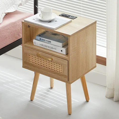 Miniatura 10 de Mesita de noche, mesa auxiliar con cajón decorativo de ratán y patas de madera maciza, mesa decorativa de madera con almacenamiento para dormitorio