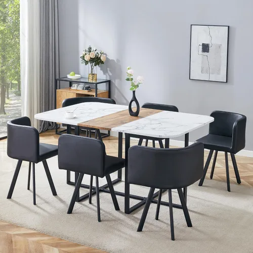 Miniatura 3 de Juego de mesa de comedor para 6, mesa de cocina de mármol y madera sintética de 60 pulgadas con 6 sillas de piel sintética, moderno juego de mesa