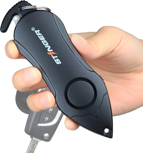 Stinger Llavero de alarma de seguridad personal, herramienta de emergencia, sirena de alarma de pánico, cortador de cinturón de seguridad, rompedor