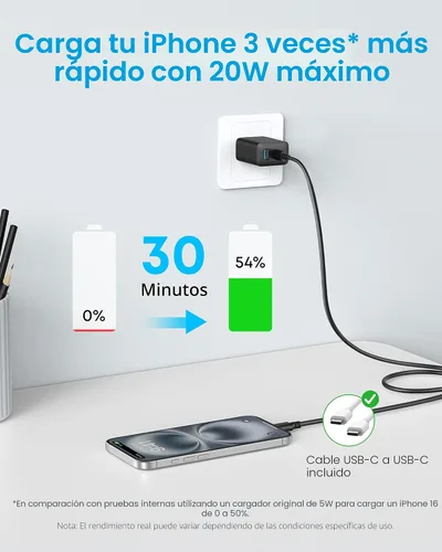 Miniatura 4 de Anker - Cargador para iPhone 17/16, 2 unidades, 20 W, cargador USB C rápido, para iPhone 16/16 Pro Max/serie 15/iPad Pro y más