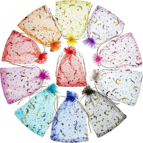 Cunno 20 Pcs Moon Organza Mesh Jewelry Bags bulk with Drawstring Moon Star Organza Bags Sheer Candy Jewelry Pouches Wedding Favor Gift 4 x 6 Inch