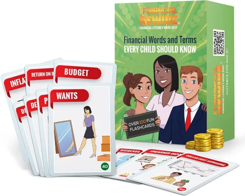 Tarjetas de alfabetización financiera para niños y adolescentes | 108 términos de dinero y finanzas con imágenes, definiciones e indicaciones de
