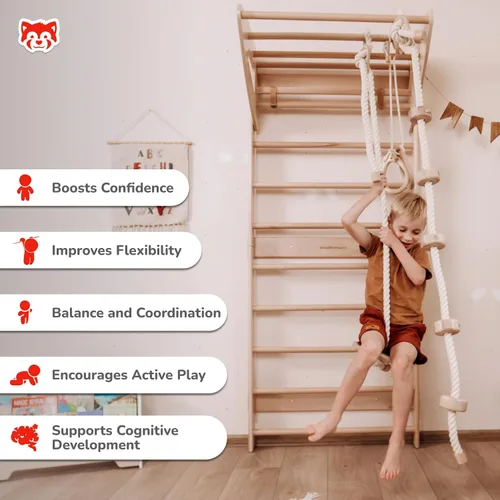 Miniatura 7 de Escalera sueca para niños para juegos activos en interiores, barra de dominadas ajustable, escalera de cuerda, anillos de gimnasia, cuerda