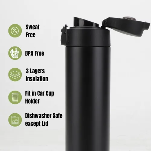 Miniatura 4 de Ozizo Taza de viaje aislada de acero inoxidable de 18 onzas con bola mezcladora, tapa de botón y boquilla de vertido, a prueba de derrames y fugas