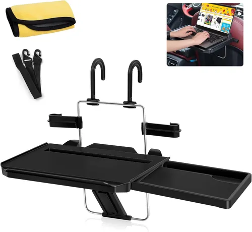VarCozy Bandeja para Volante de Coche, Bandeja Colgante Plegable para Reposacabezas Trasero con Bandeja Expandible y Ranura para Bebidas, Escritorio
