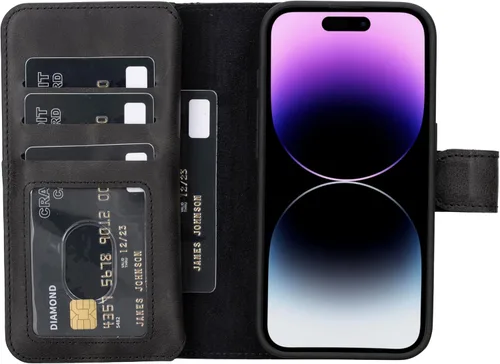 Miniatura 8 de HARDISTON Funda de piel auténtica de alta calidad hecha a mano para iPhone 11 Pro de 5.8 pulgadas, tarjeteros de doble folio, funda magnética Negro
