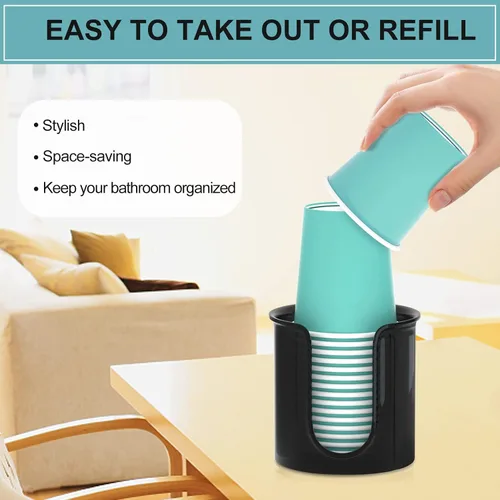 Miniatura 6 de Portavasos de baño, paquete de 2 dispensadores de tazas de 3 onzas para encimera de tocador de baño, dispensador pequeño de vasos de papel para Negro