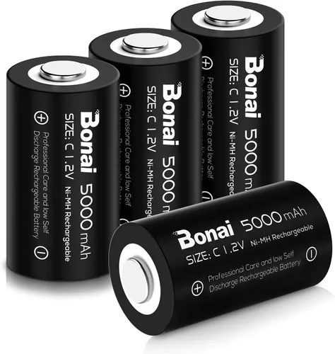 BONAI Baterías C recargables, células C 5000mAh 1.2V Ni-MH de alta capacidad de tamaño C (paquete de 4)