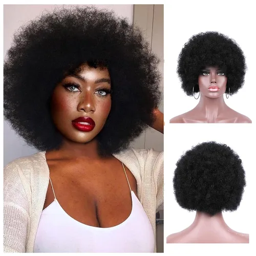 Miniatura 13 de Pelucas cortas y rizadas con flequillo para mujeres negras, peluca rizada afro afro, cabello sintético suave resistente al calor, peluca de aspecto