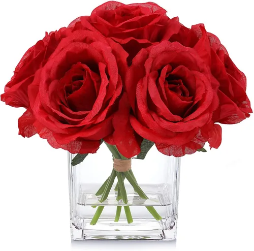 Miniatura 6 de 7 rosas artificiales de tallo grande en jarrón, rosa falsa con flores falsas en jarrón para decoración del hogar, mesa de boda (rosa)