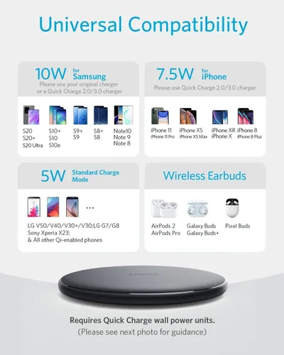 Miniatura 2 de Anker - Cargador inalámbrico 313 (almohadilla), certificado Qi, carga rápida máxima de 10 W para Samsung, compatible con iPhone 16 Plus/15 Plus/14