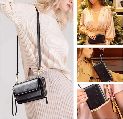 Miniatura 2 de nuoku Cartera RFID para mujer, bolso cruzado con cremallera alrededor de 2 correas