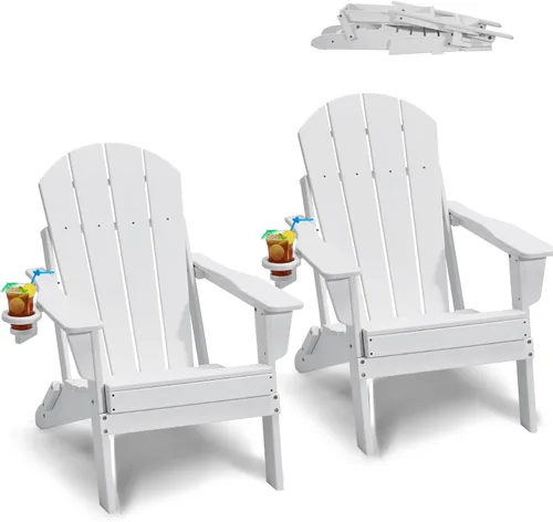 VEVOR Juego de 2 sillas plegables Adirondack con soporte para tazas, silla portátil de plástico para todo tipo de clima, silla de patio Adirondack