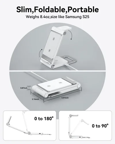 Miniatura 5 de Cargador inalámbrico para Samsung Estación de carga inalámbrica 3 en 1 Soporte de cargador inalámbrico plegable para Galaxy S25 S24 S23 S22 S21 Gris