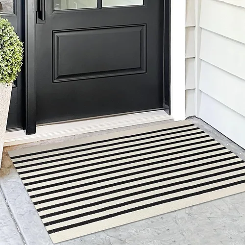 Miniatura 16 de KOZYFLY Felpudo a rayas blancas y negras de 2 x 3 pies, alfombra pequeña de área de algodón para porche delantero, alfombra lavable para exteriores
