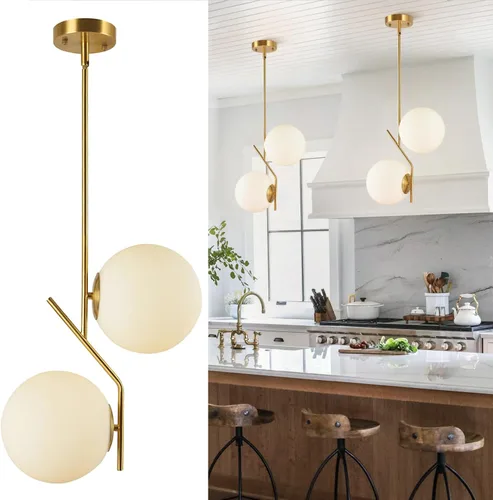 Miniatura 10 de BOKT Lámpara colgante de globo moderna de mediados de siglo con 2 luces minimalista de oro cepillado iluminación colgante de isla de cocina Lámpara