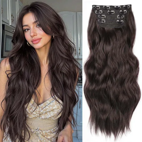 Miniatura 19 de 4 piezas de extensiones de cabello rizado con clip, color dorado oscuro, mezcla de rubio beige, sintético de 20 pulgadas de largo, extensiones