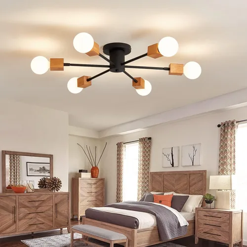 Miniatura 6 de Lámpara de techo de madera semiempotrada, 6 luces, lámpara Sputnik de madera rústica, iluminación de techo estilo granja, roble y negro con E26