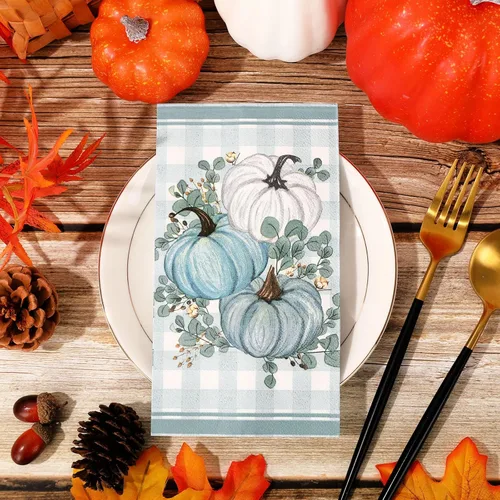 Miniatura 3 de Whaline 100 servilletas desechables de calabaza de otoño azul y blanco para Acción de Gracias, servilletas de mano para otoño, vacaciones, fiesta