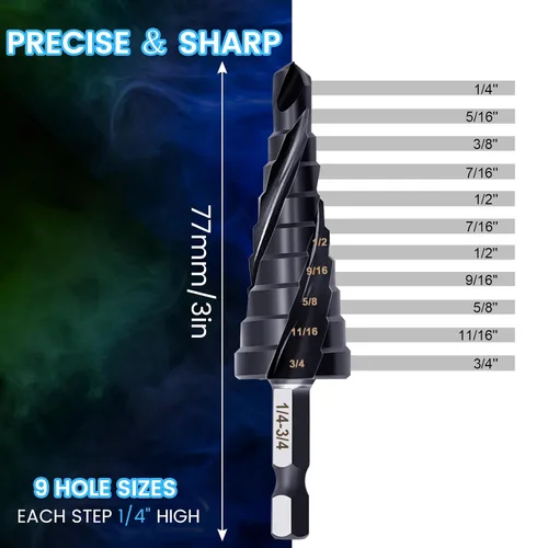 Miniatura 2 de Hakkin M35 Cobalt Unibit - Broca escalonada para metal de 1/4 a 3/4 pulgadas, con revestimiento de titanio, juego de tres brocas en espiral y punzón