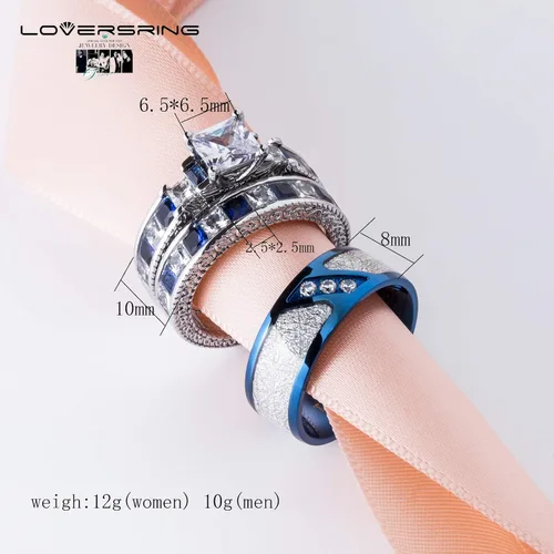 Miniatura 6 de LOVERSRING 3 piezas anillo de pareja nupcial conjuntos de mujeres chapado en oro blanco azul zafiro Cz hombre titanio banda anillo de boda para él
