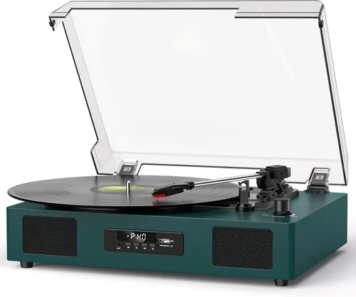 Miniatura 14 de Tocadiscos de vinilo Bluetooth con dos altavoces incorporados, grabación USB, transmisión por correa, 3 velocidades, tocadiscos para discos de Negro
