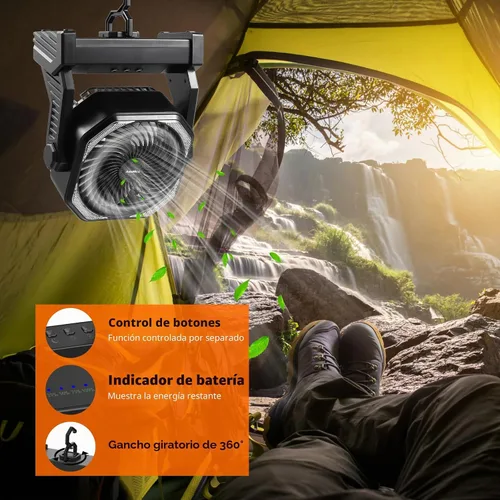 Miniatura 6 de Ventilador de camping de 20000 mAh, recargable, funciona con batería con gancho giratorio de 360°, luz de 400 lúmenes, pivote de 270°, 4