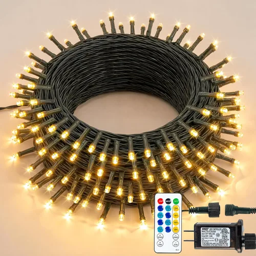 Hopolon Guirnalda de luces para interiores y exteriores, 33 pies, 100 luces LED de Navidad con control remoto, cable verde conectable, luces de