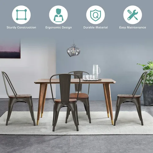 Miniatura 5 de HAPPYGRILL Juego de 4 sillas de comedor, sillas de cocina de metal para interiores y exteriores con asiento de madera y respaldo alto, sillas