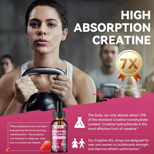 Miniatura 5 de Gotas líquidas de creatina HCL para hombres y mujeres, clorhidrato de creatina con L-carnitina, L-glutamina, BCAA, vitamina B12 y B6