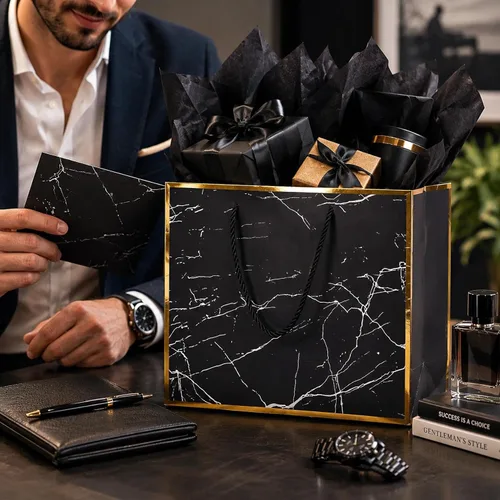 Miniatura 4 de ysmile Marble Black 12" Bolsa de regalo premium de mármol negro con papel de seda para cumpleaños, aniversario, día del Padre Large ancho