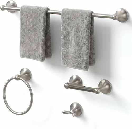 Miniatura 13 de Juego de toallas de baño de 24 pulgadas para montar en la pared, juego de 4 piezas de acero inoxidable duradero con toallero, anillo para toallas