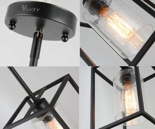 Miniatura 7 de VILUXY Luces Colgantes Negras Isla de Cocina Granja Vidrio Granulado 1-Luz Lámpara Colgante Comedor Accesorios Jaula de Metal Luces Colgantes
