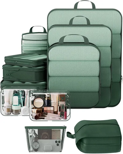 Veken Juego de 11 cubos de compresión para artículos esenciales de viaje, bolsas organizadoras compresibles expandibles grandes para ropa, bolsas de