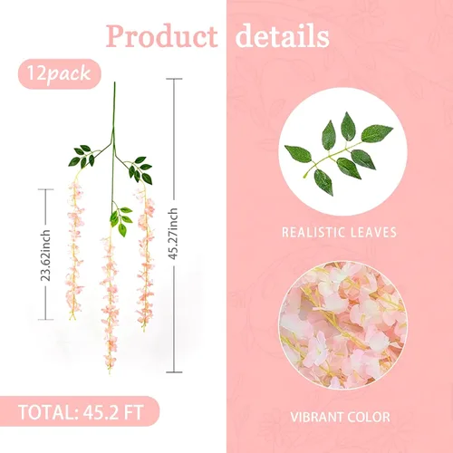 Miniatura 2 de Paquete de 12 guirnaldas de flores colgantes de glicina rosa claro, enredaderas de flores artificiales de 3.77 pies, glicinia falsa, guirnalda