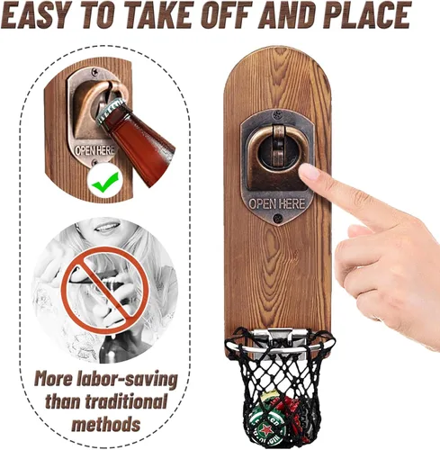 Miniatura 2 de Abrebotellas magnético único con atrapador de red, abridor de botellas de cerveza de madera montado en la pared, sacacorchos sin rastro, accesorios
