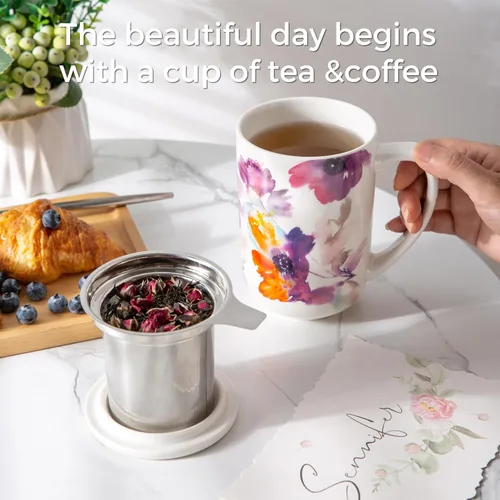 Miniatura 5 de AmorArc Taza de Té de Porcelana con Infusor y Tapas, Taza Grande de 18 Oz con Colador y Soporte para Bolsa para Té de Hojas Sueltas, Taza de Café