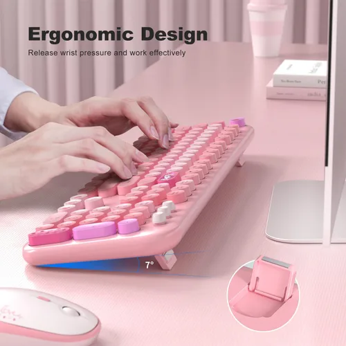 Miniatura 25 de KNOWSQT Combo de teclado y ratón inalámbrico, teclados lindos de tamaño completo estilo máquina de escribir 2.4G azul colorido - receptor USB Plug