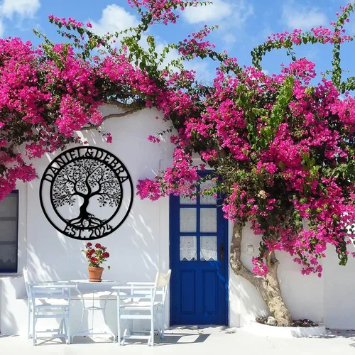 Miniatura 4 de Arte de pared personalizado del Árbol de la vida, decoración personalizada con apellido, letrero de metal para balcón exterior, arte de pared