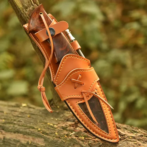 Miniatura 6 de Cuchillo de caza de 10 pulgadas – Cuchillos de hoja fija hechos a mano de acero de Damasco – Mango de madera de nogal y funda de cuero – Cuchillo