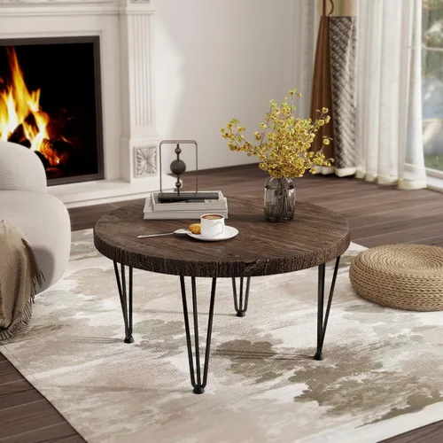 Miniatura 8 de Fun Memories Mesa auxiliar redonda – Mesa anidable de madera de olmo con patas de metal y base antideslizante – Mesas auxiliares rústicas anidables