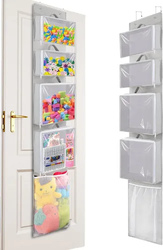 Woodoulogy Almacenamiento de juguetes colgantes sobre la puerta, organizador de animales de peluche en bloques con 4 bolsas de estuche extraíbles,