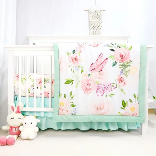 Miniatura 2 de Juego de ropa de cama, juego de cuna de 5 piezas, mariposas florales verdes, incluye manta, edredón, sábana bajera, falda de cuna, apilador