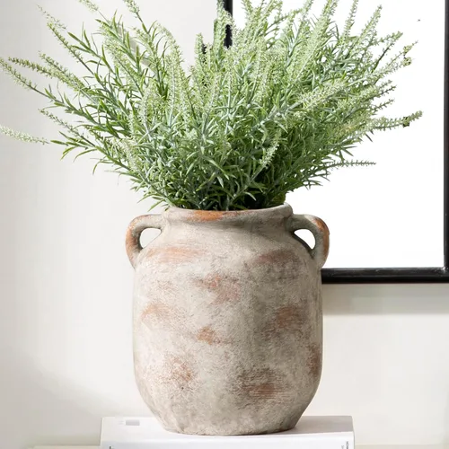 Florero de cerámica para decoración del hogar - 7.6 pulgadas, jarrones rústicos de granja de mesa con asa, decoración de sala de estar, cerámica