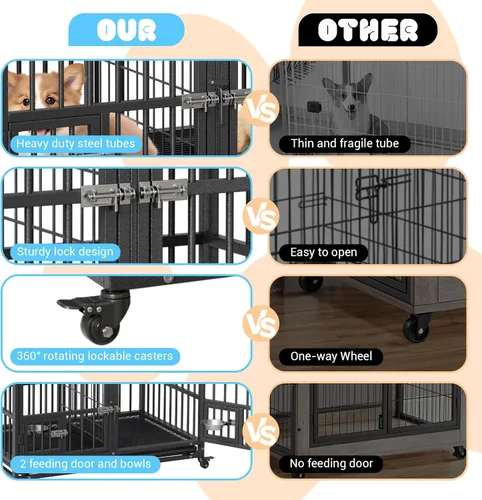Miniatura 6 de 42-Inch Escape-Proof Dog Crate, Indestructible Steel Dog Kennel with Locking Wheels, Anxiety Relief Pet Cage for Medium/Large Dogs, Indoor/Outdoor
