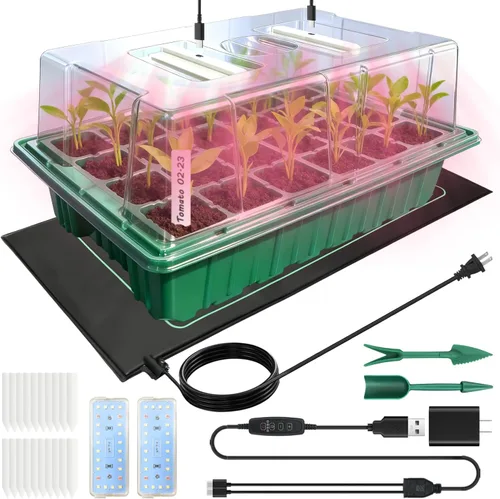 Miniatura 10 de Bandeja de inicio de semillas con luz de crecimiento (4 x 24 LED), paquete de 4 kits de inicio de semillas de 48 celdas con cúpulas de humedad
