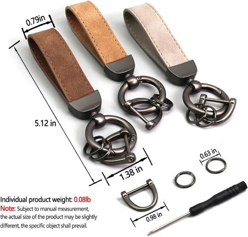 Miniatura 4 de 3 llaveros de cuero para automóvil, llavero giratorio de 360 grados y anillo en D antipérdida, llaveros de metal para hombres y mujeres