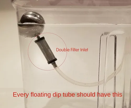 FLOTit 2.0 - Entrada de doble filtro (DFI) con malla de 500/300 micrones para tubo de inmersión flotante con un flotador de bola para cerveza