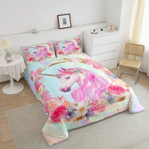 Miniatura 2 de Erosebridal Juego de ropa de cama de unicornio para niñas, tamaño individual, edredón de plumón kawaii para niñas, lindo juego de edredón de caballo
