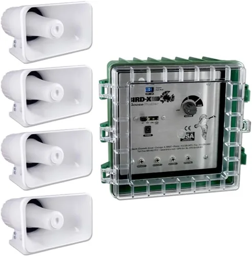 Bird-X GooseBuster, dispositivo de señuelo de ganso sónico con 4 altavoces, utiliza sonidos grabados naturalmente, fácil de instalar, cubre hasta 7